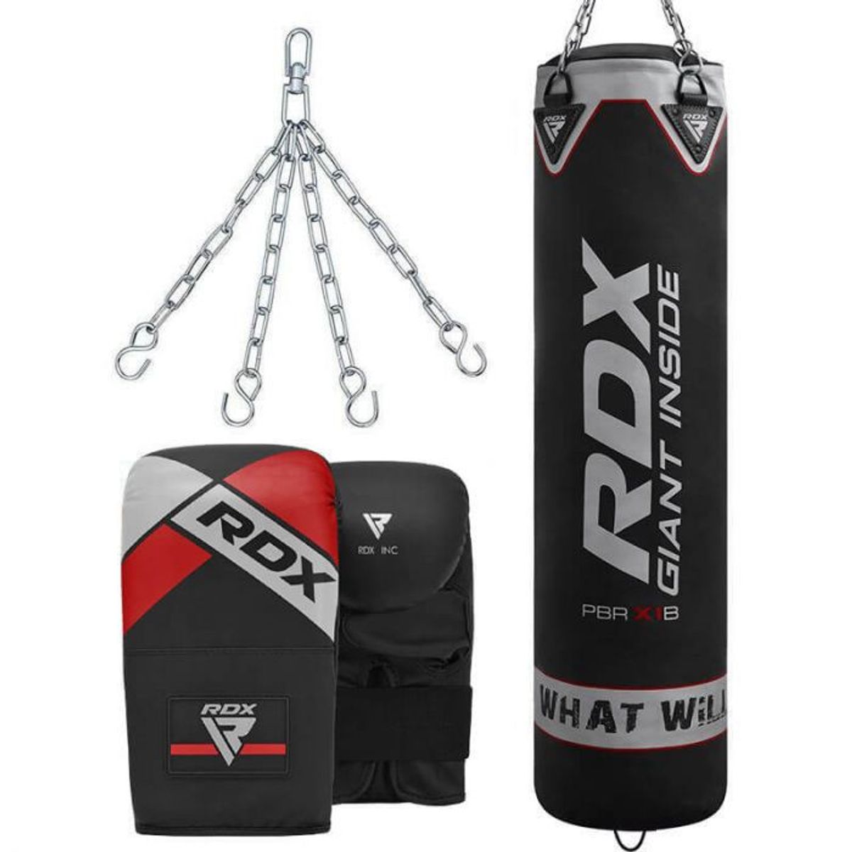 RDX - RDX SACO DE BOXEO (sin relleno) SET 3 PIEZAS (saco,guantes,cadena) NEGRO-5FT.