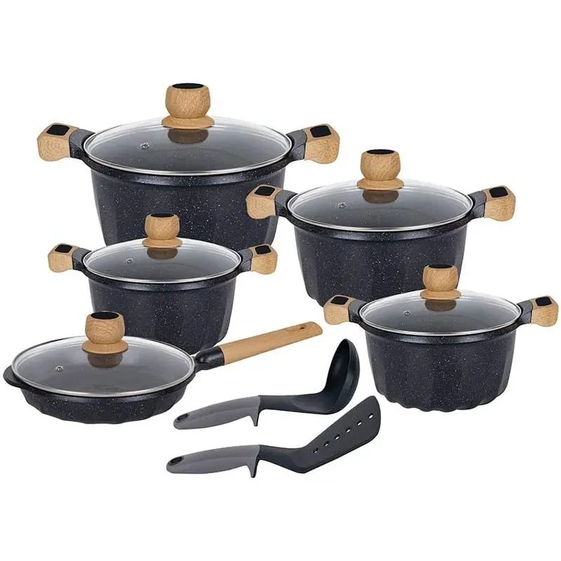 Reyna - Juego de ollas antiadherentes x 12 piezas Petra (color negro)