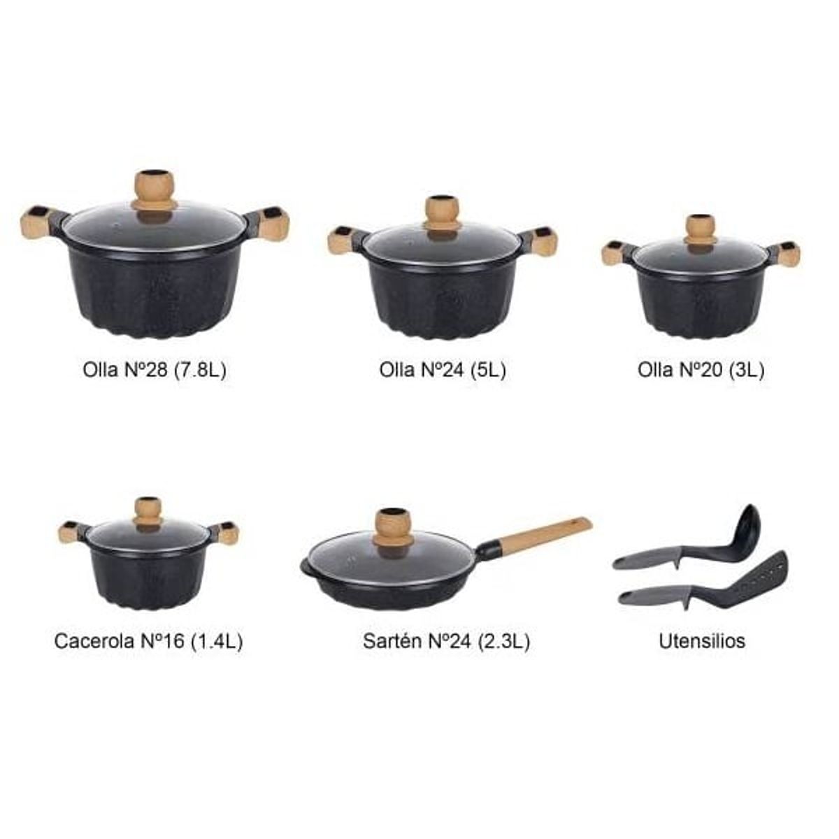 Reyna - Juego de ollas antiadherentes x 12 piezas Petra (color negro)