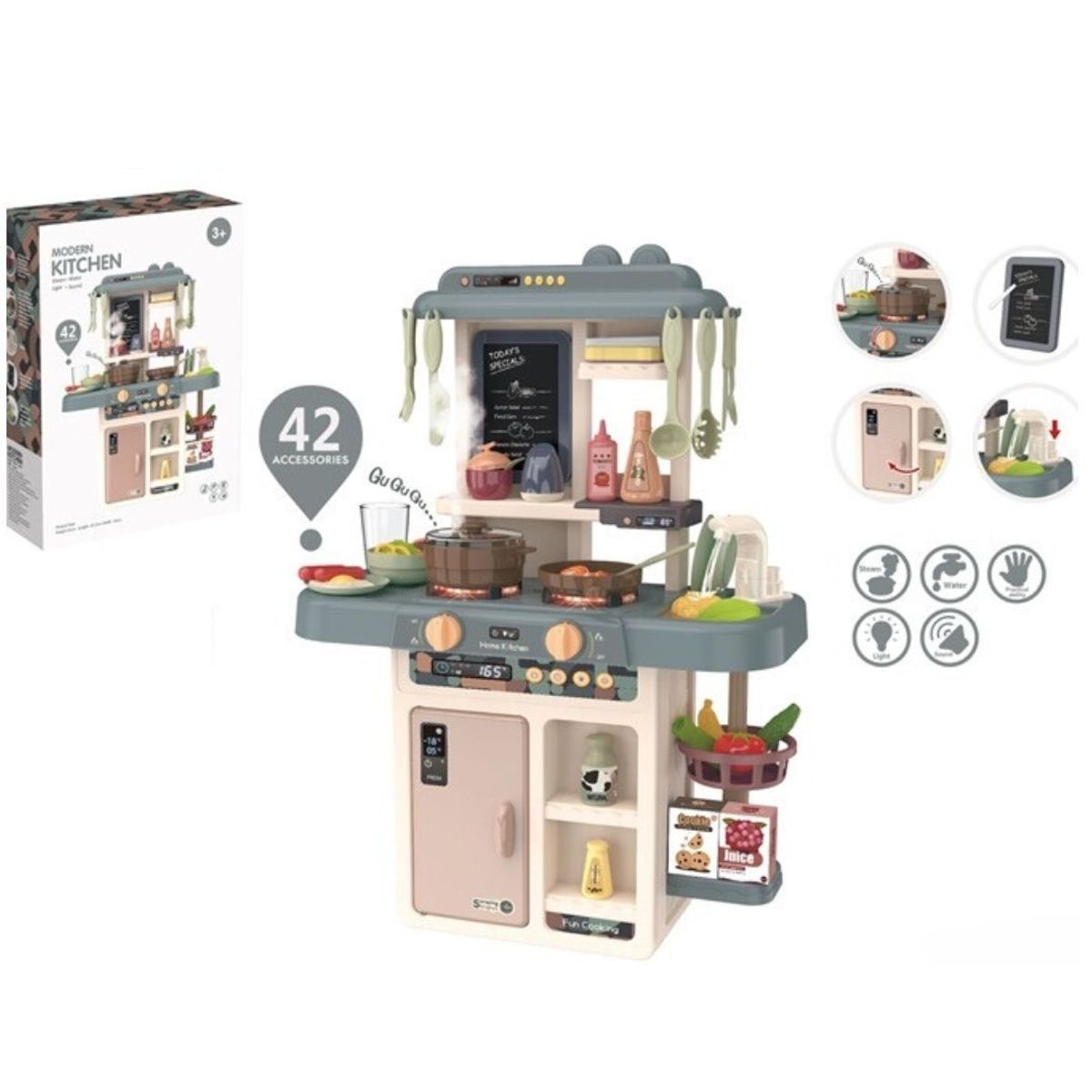 GENERICO - Cocina para Niños  Vapor,Luz y Agua 63cm con 42 piezas