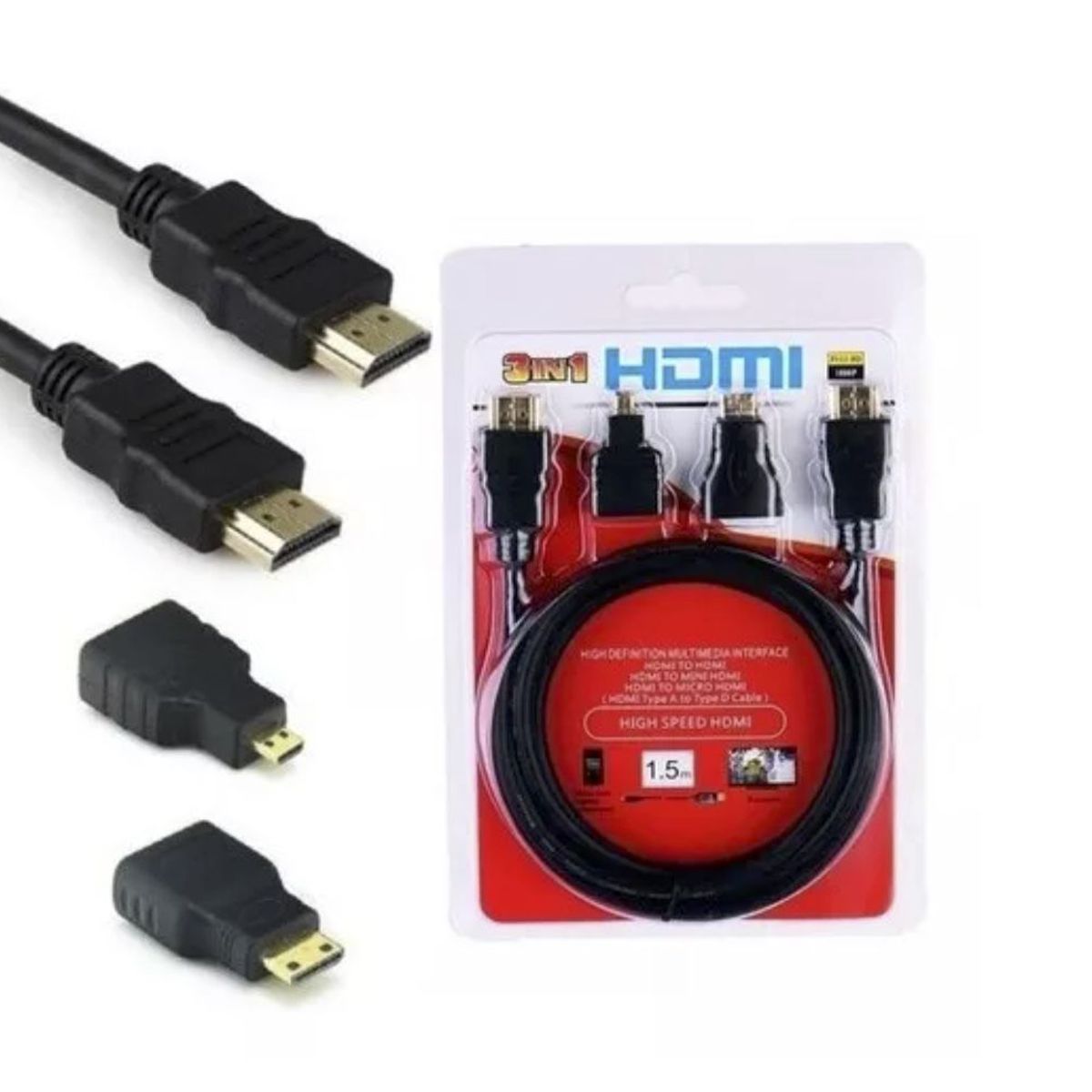 GENERICO - Cable Hdmi 3 En 1 Con Adaptador Mini Y Micro Hdmi 1.5 Metros