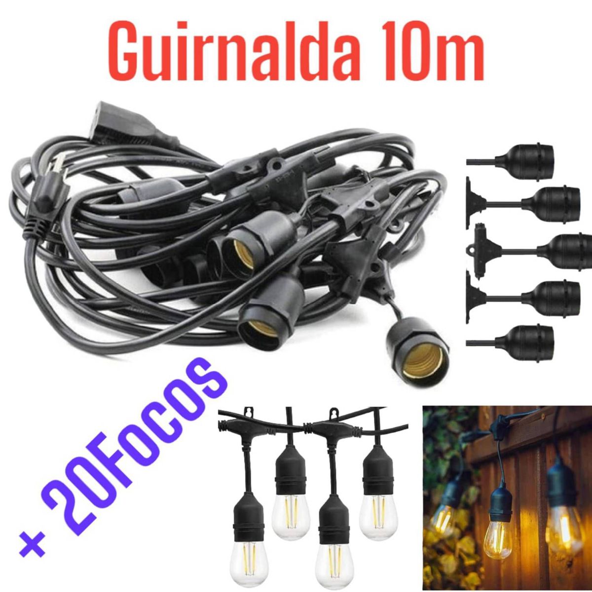 GENERICO - Guirnalda 10metros para Focos Vintage Jardín Fiesta Azotea 20Focos