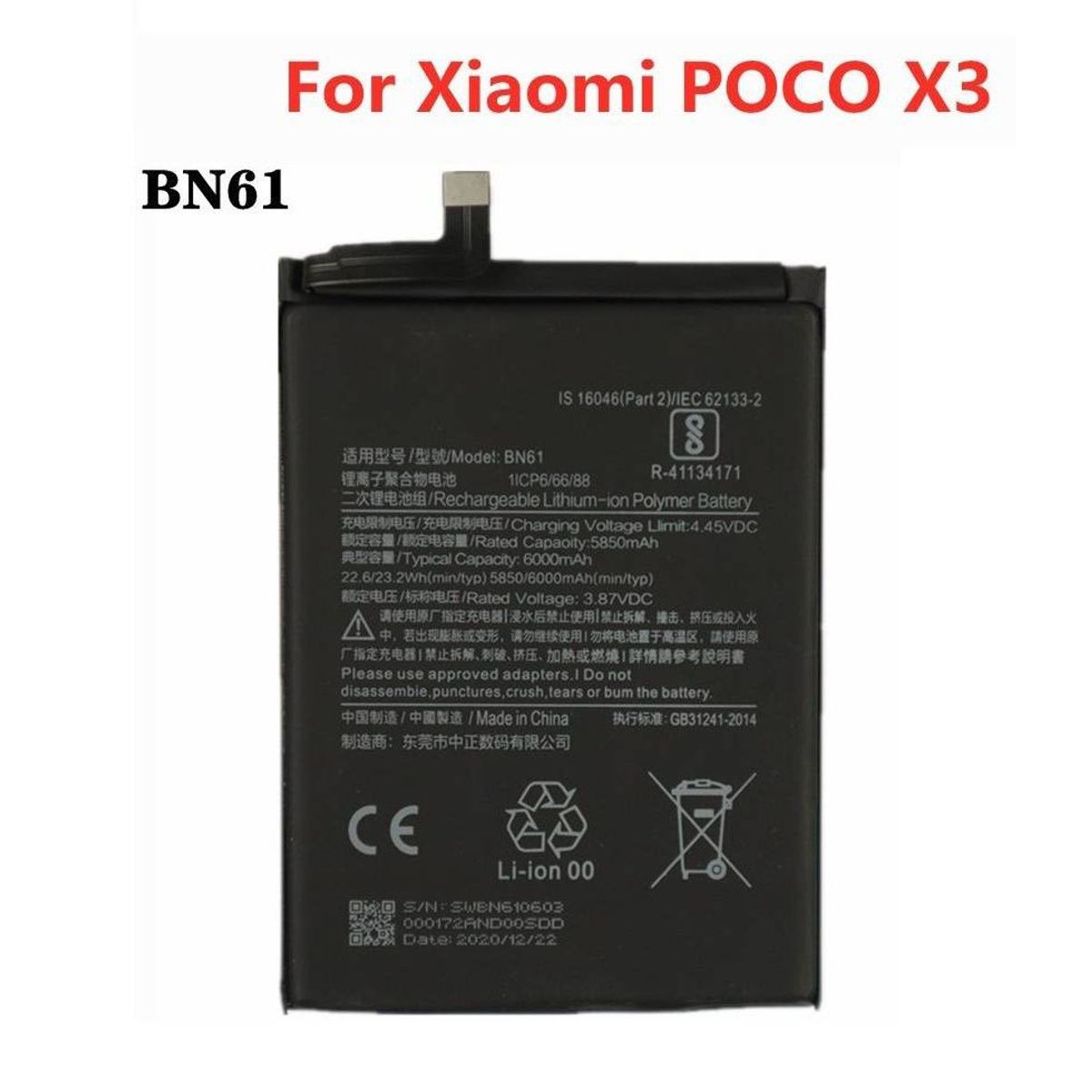 GENERICO - BATERIA  POCO X3 -  BN61   NUEVO-NEGRO
