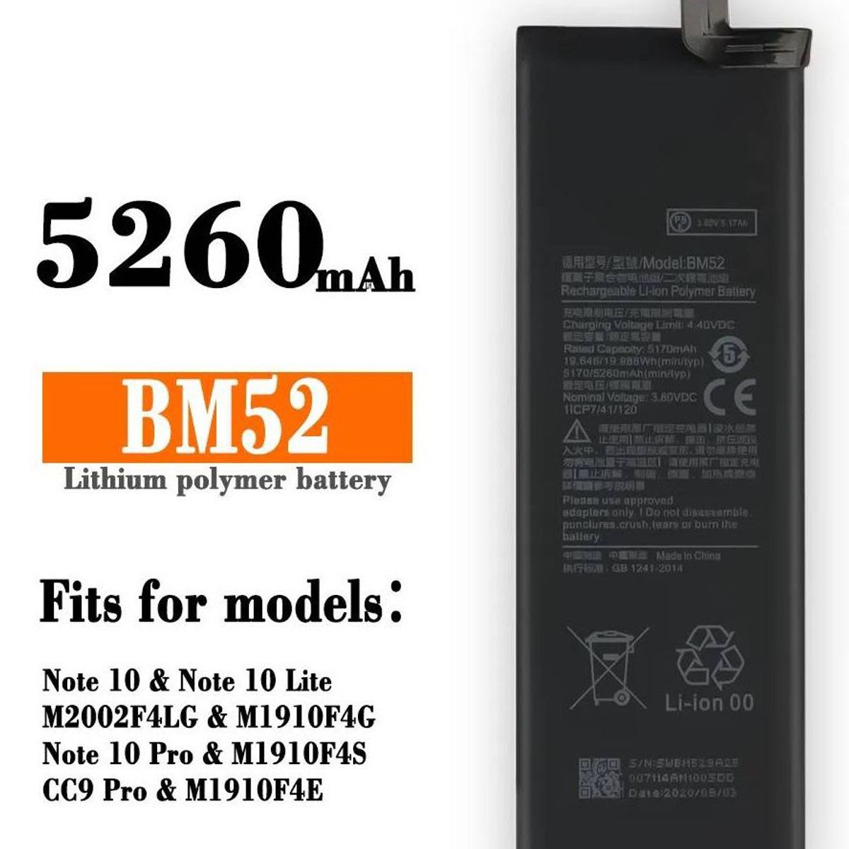 GENERICO - BATERIA MI NOTE 10-10 PRO-10 LITE - BM52  NUEVO