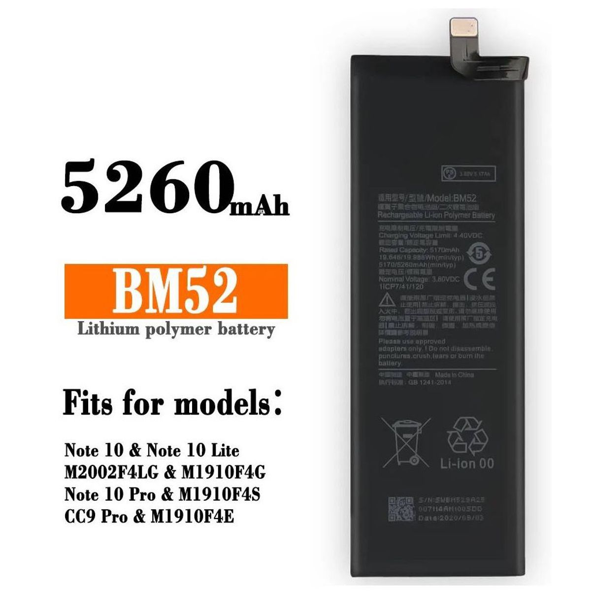 GENERICO - BATERIA MI NOTE 10-10 PRO-10 LITE - BM52  NUEVO