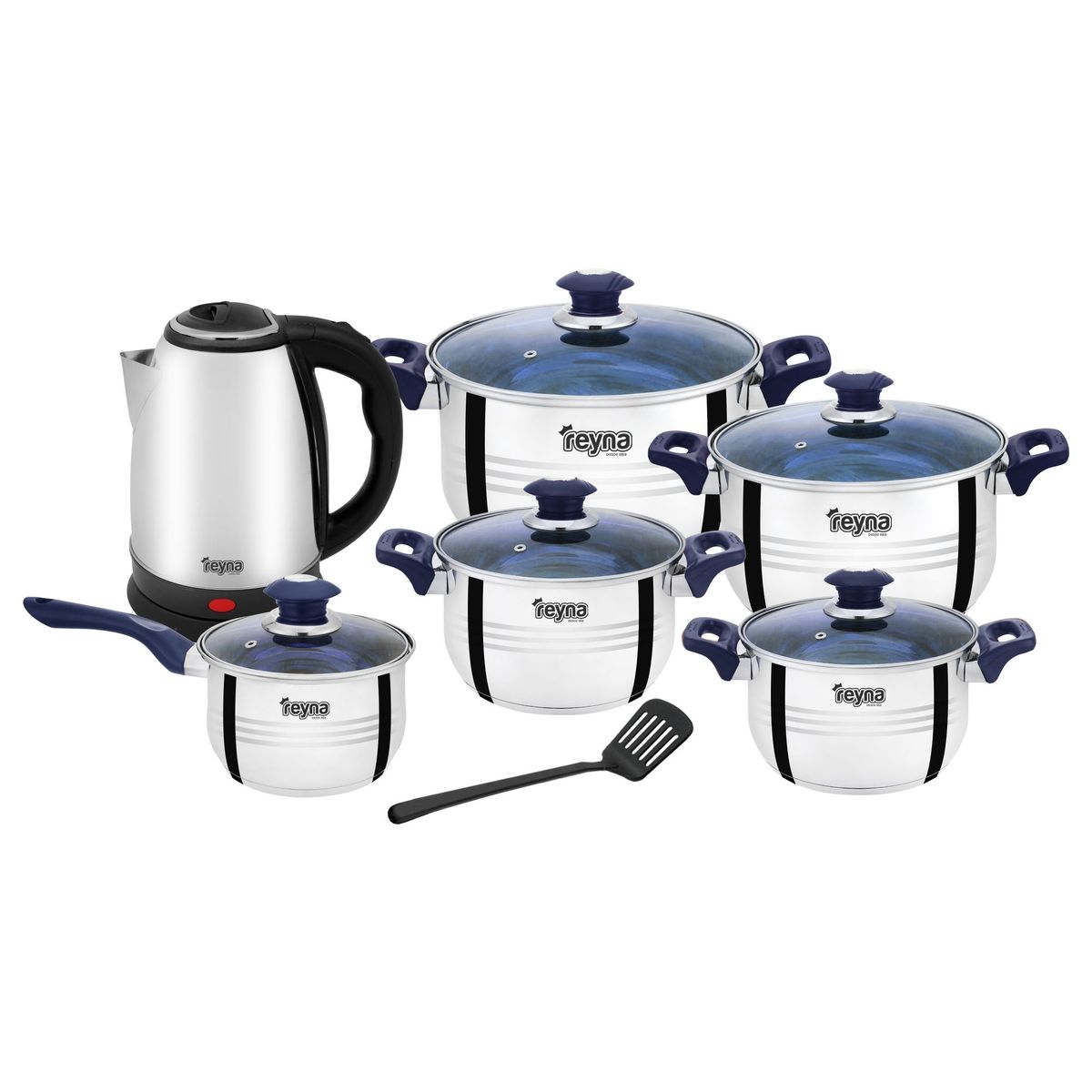 Reyna - Juego de ollas de acero inox. 13pz c/hervidor acero 1.5 Lt. Olympic (Blue)