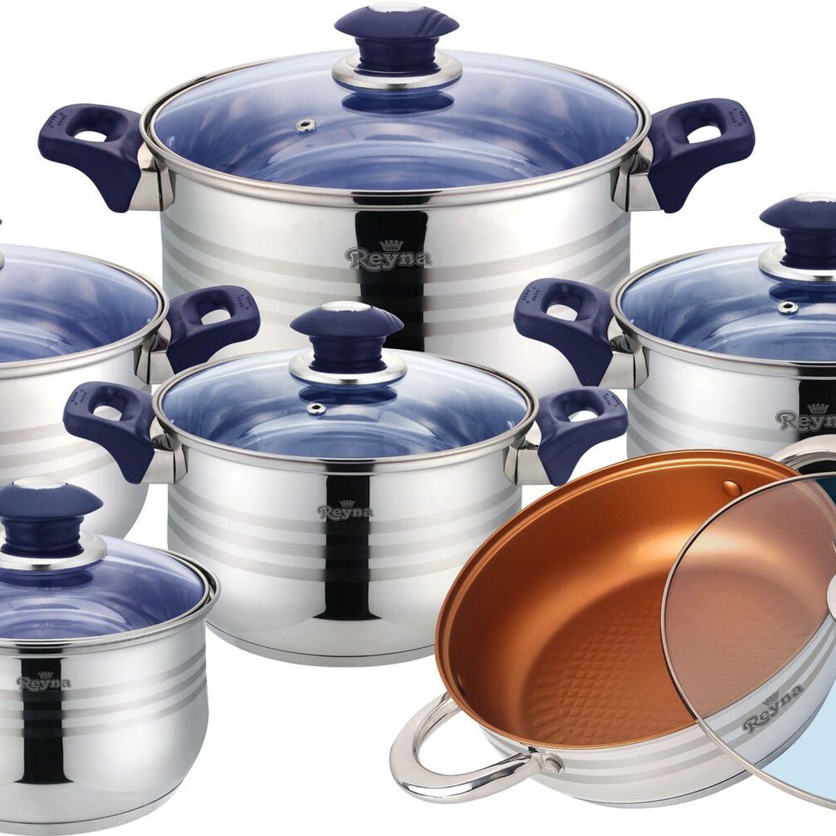 Reyna - Juego de ollas de acero 12 piezas chicharronera Criolla Blue