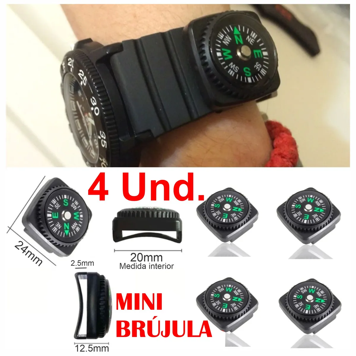 GENERICO - 4 Mini Brújula Adaptable a Reloj Paracord Pulsera Artesanía