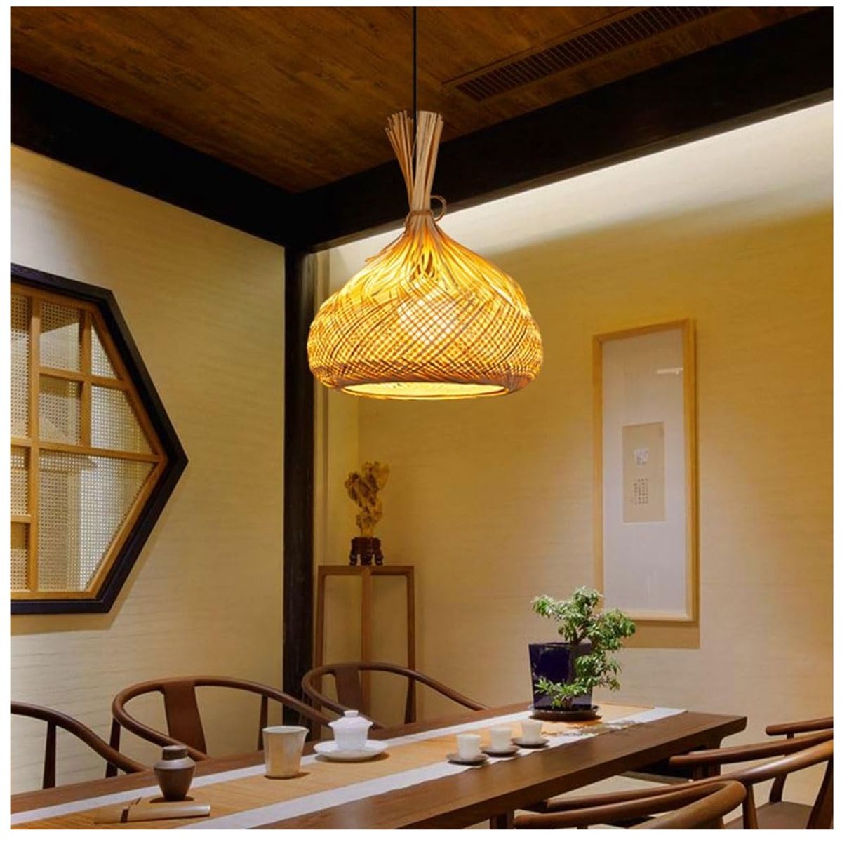 GENERICO - Lámpara colgante de bambú con acabado de mimbre