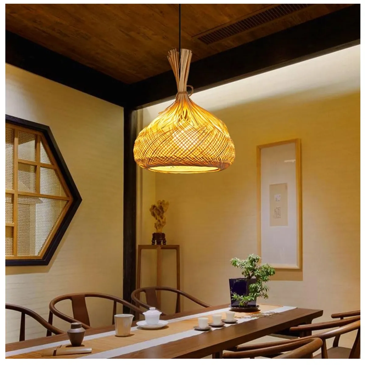 GENERICO - Lámpara colgante de bambú con acabado de mimbre