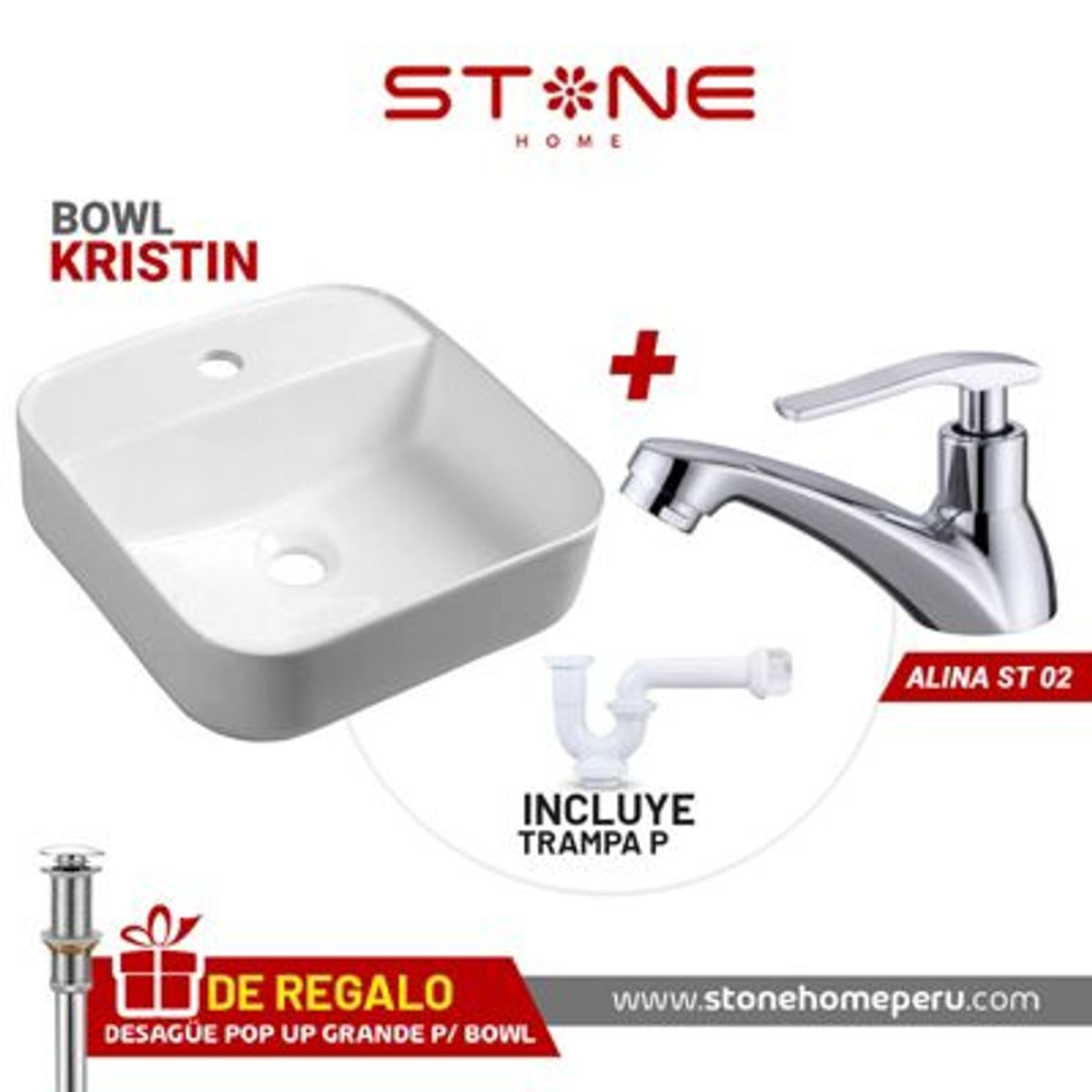 STONE - COMBO DE  LAVAMANOS  KRISTIN  ALINA ST-02  POP UP GRANDE S/REBOSE Y TRAMPA P