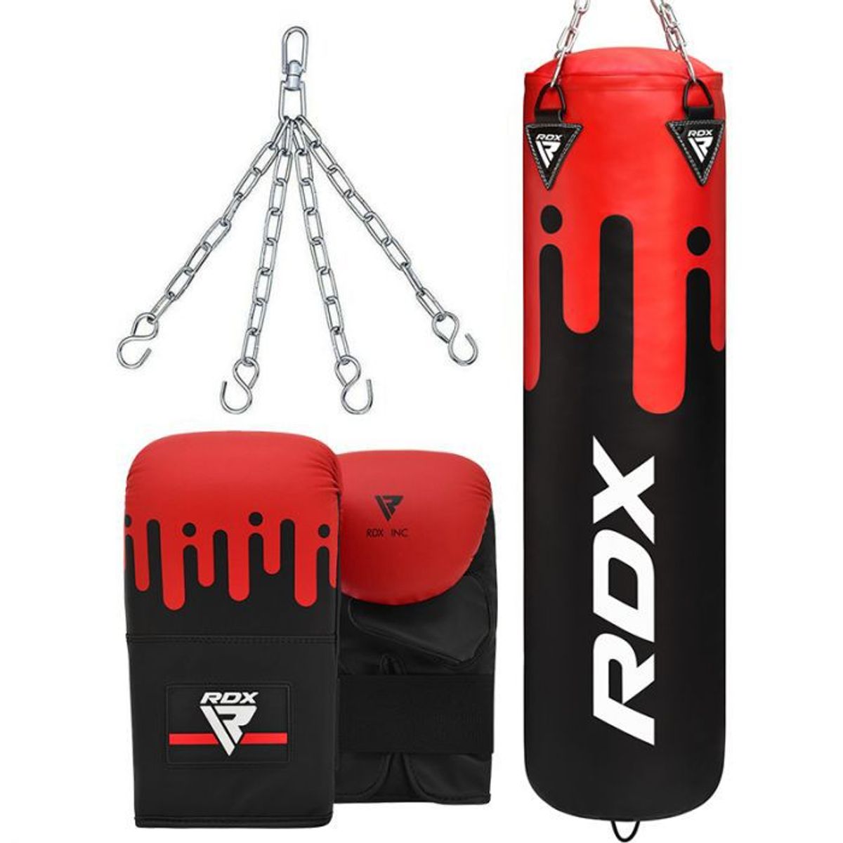 RDX - SACO DE BOXEO SET 3 PIEZAS REX F9 ROJO/NEGRO-4FT  (Saco+guante+soporte)   SIN RELLENO