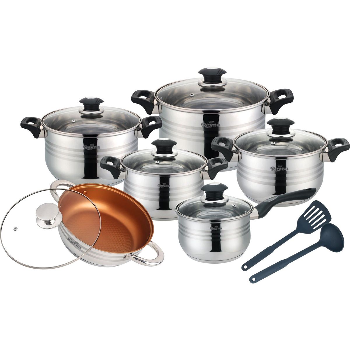Reyna - Juego de ollas de acero 12 piezas chicharronera Criolla Black