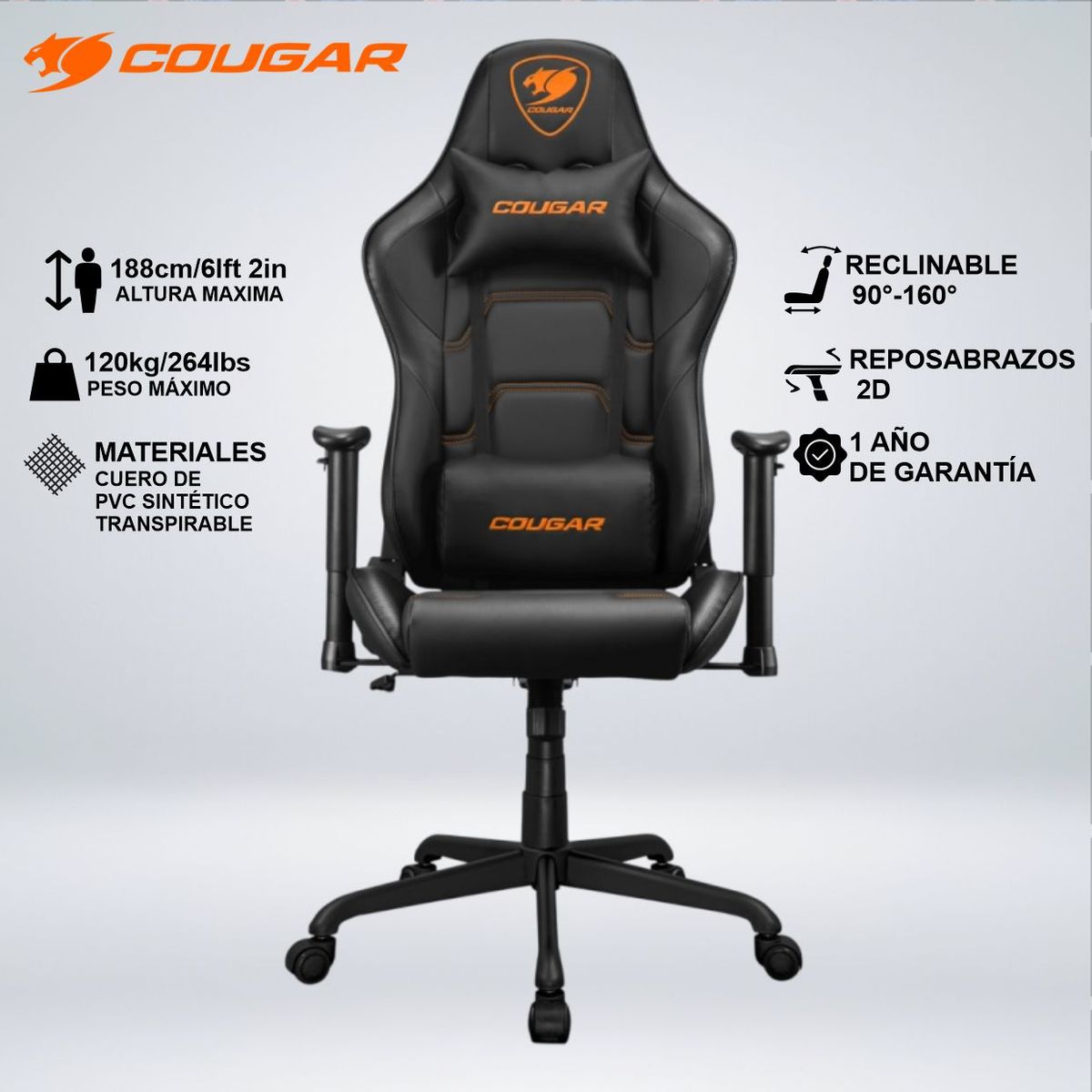 COUGAR - SILLA GAMER COUGAR ARMOR ELITE ALMOHADA CABEZA - LUMBAR RECLINA 160°