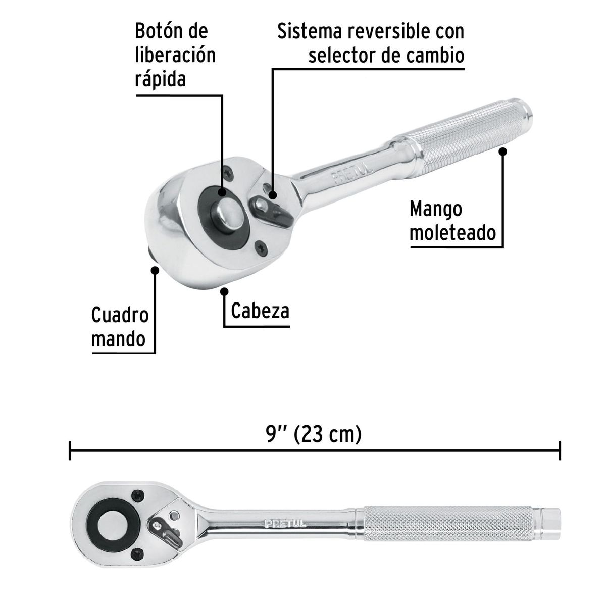 PRETUL - Ratchet, y Dados  ½”, SET 9 Piezas Pretul