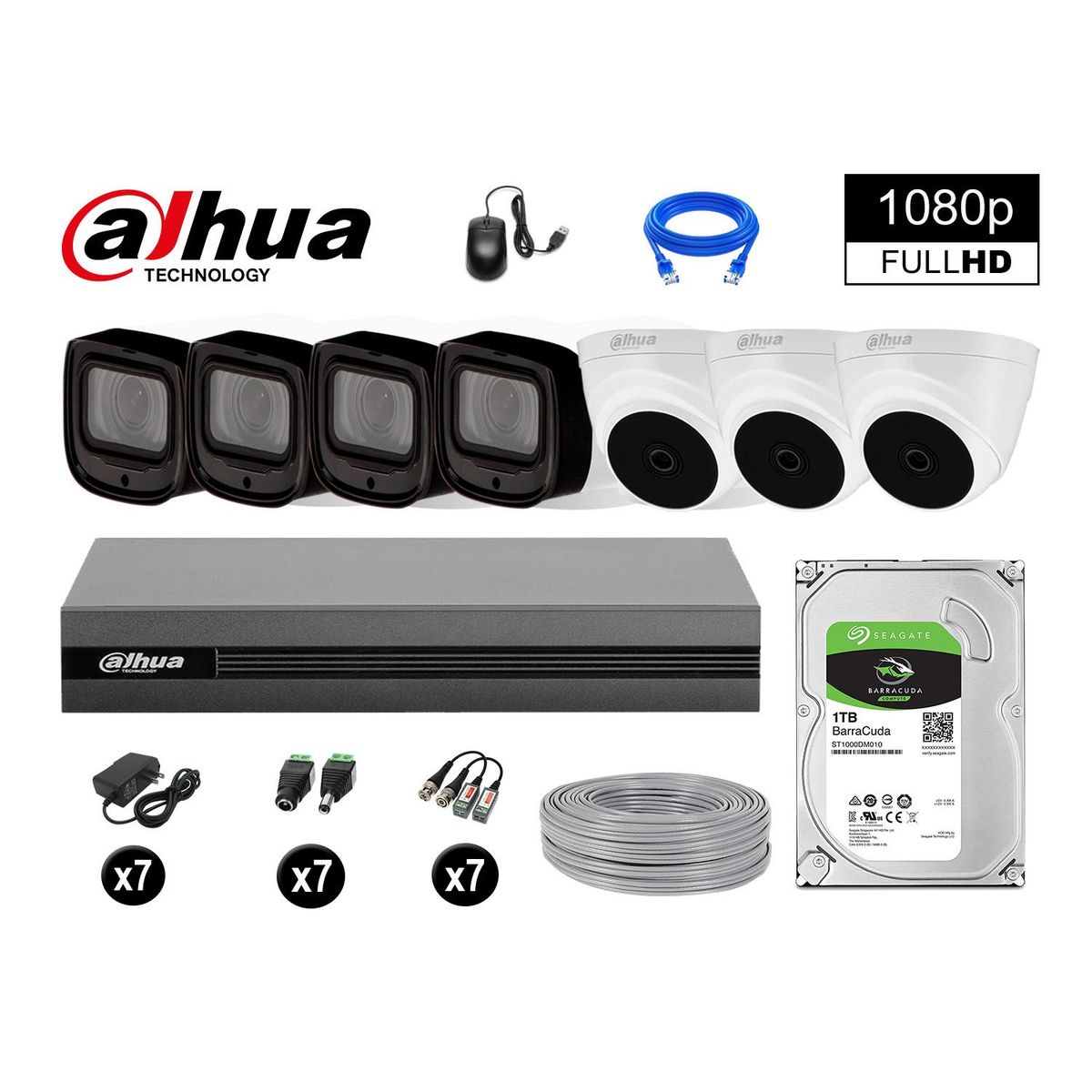 DAHUA - KIT 7 CÁMARAS SEGURIDAD FULLHD + 1TB MAYOR ALCANCE VARIFOCAL