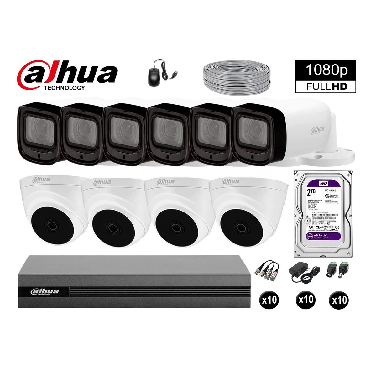 DAHUA - KIT 10 CÁMARAS SEGURIDAD FULLHD +2TB MAYOR ALCANCE VARIFOCAL