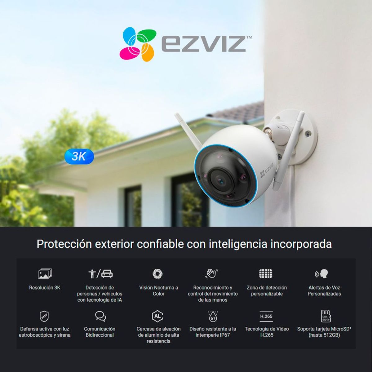 EZVIZ - Cámara de seguridad para el hogar inteligente con wifi H3 3K + SD 128 GB