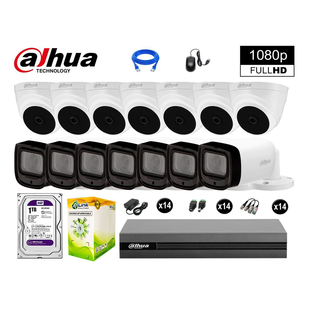 DAHUA - CÁMARAS SEGURIDAD KIT 14 1080P MAYOR ALCANCE VARIFOCAL +1TB