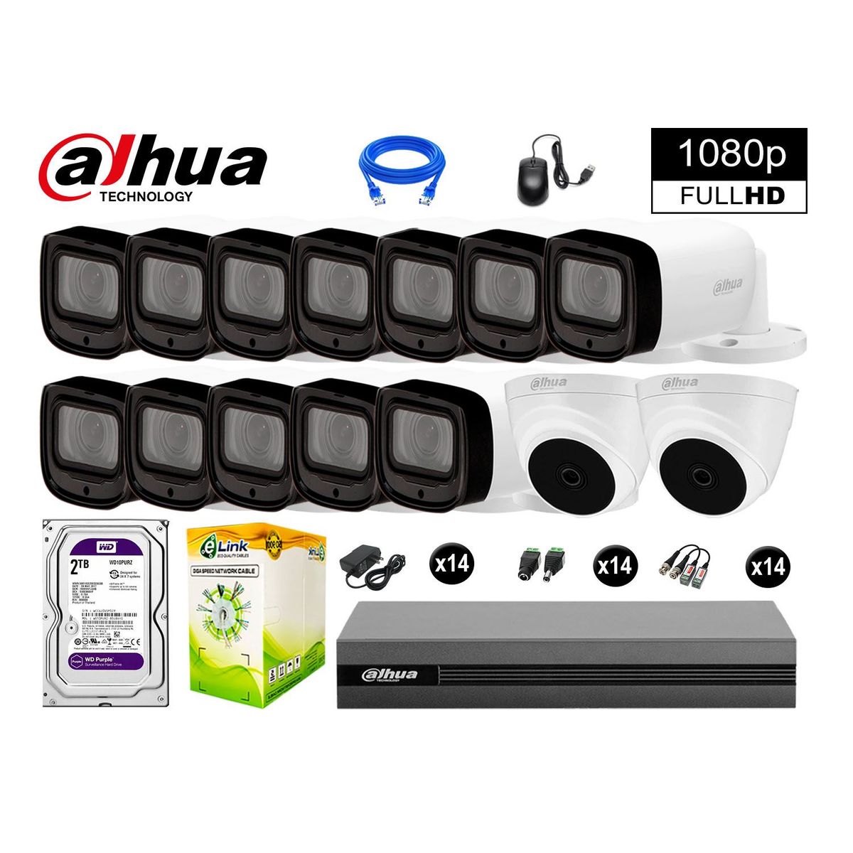 DAHUA - KIT 14 CÁMARAS SEGURIDAD FULLHD +2TB MAYOR ALCANCE VARIFOCAL