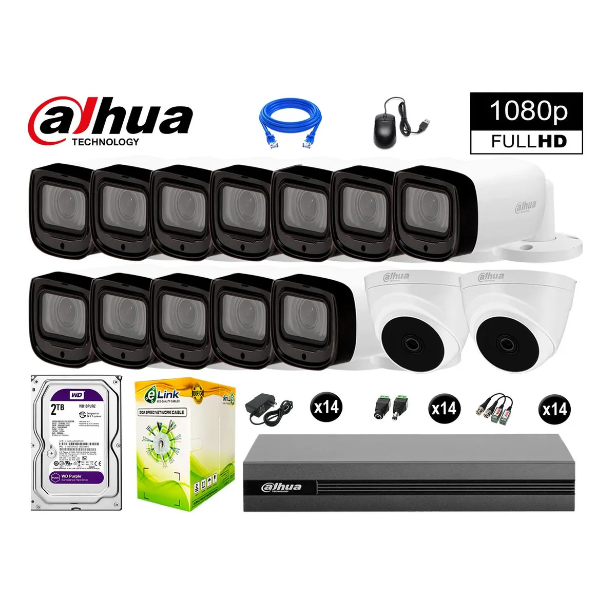 DAHUA - KIT 14 CÁMARAS SEGURIDAD FULLHD +2TB MAYOR ALCANCE VARIFOCAL