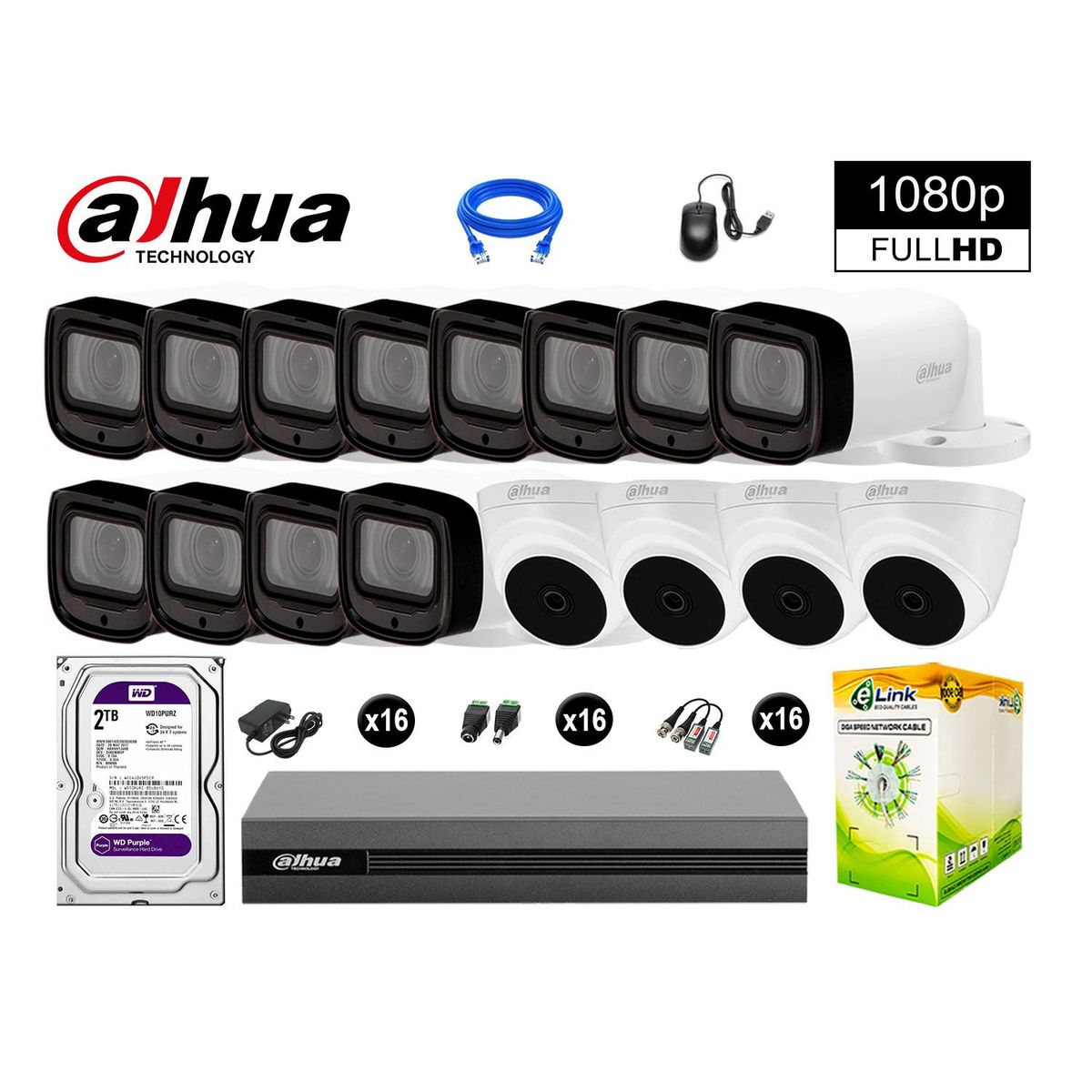 DAHUA - KIT 16 CÁMARAS SEGURIDAD FULLHD +2TB MAYOR ALCANCE VARIFOCAL