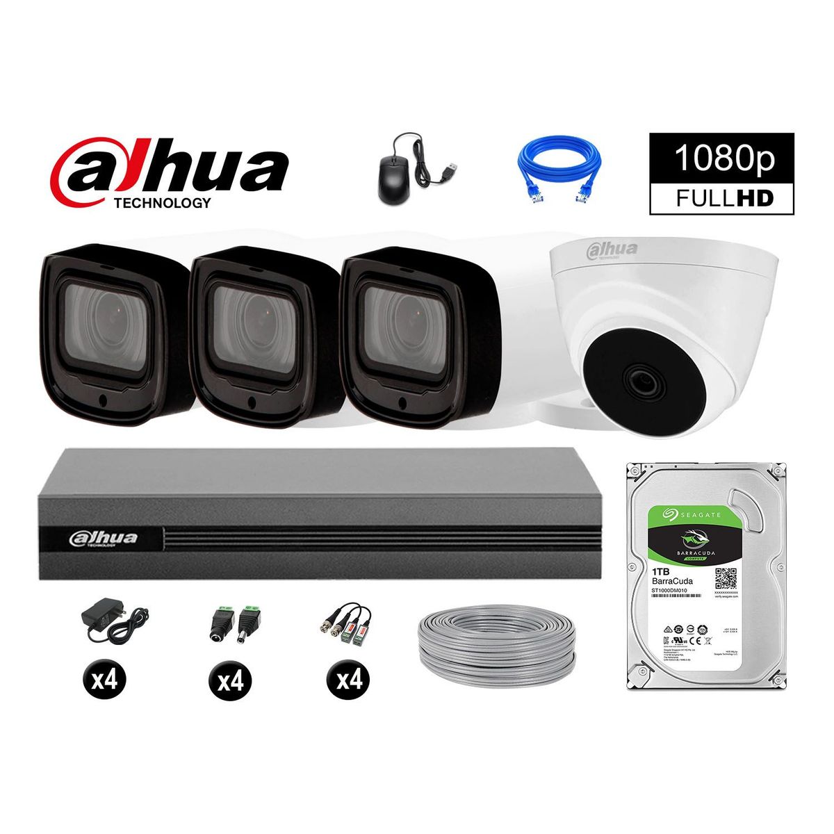 DAHUA - KIT 4 CÁMARAS SEGURIDAD FULLHD + 1TB MAYOR ALCANCE VARIFOCAL