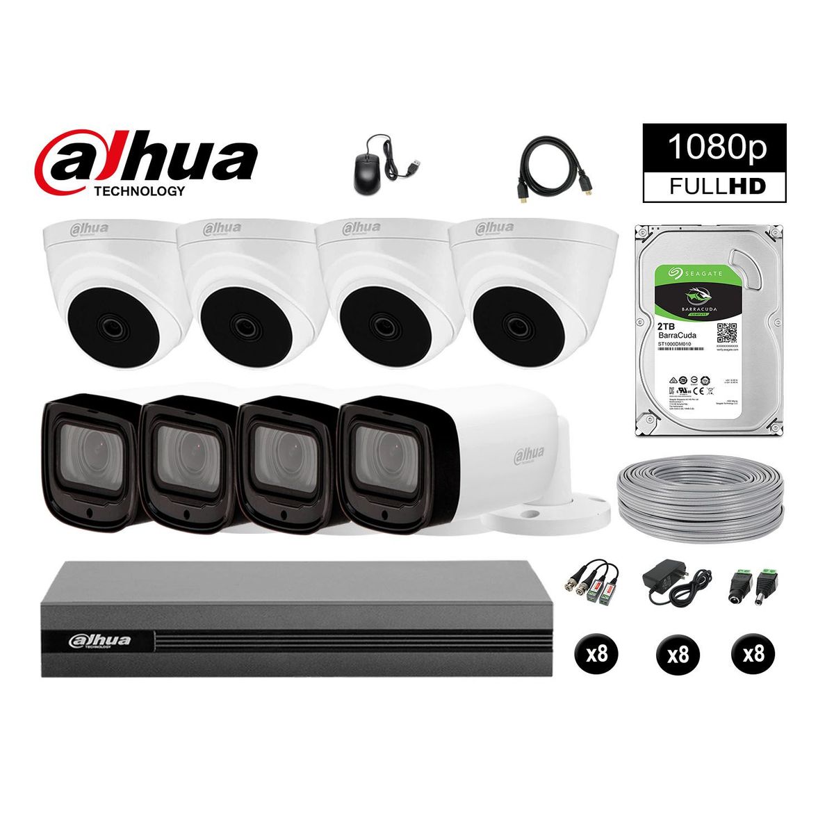 DAHUA - KIT 8 CÁMARAS SEGURIDAD FULLHD + 2TB MAYOR ALCANCE VARIFOCAL