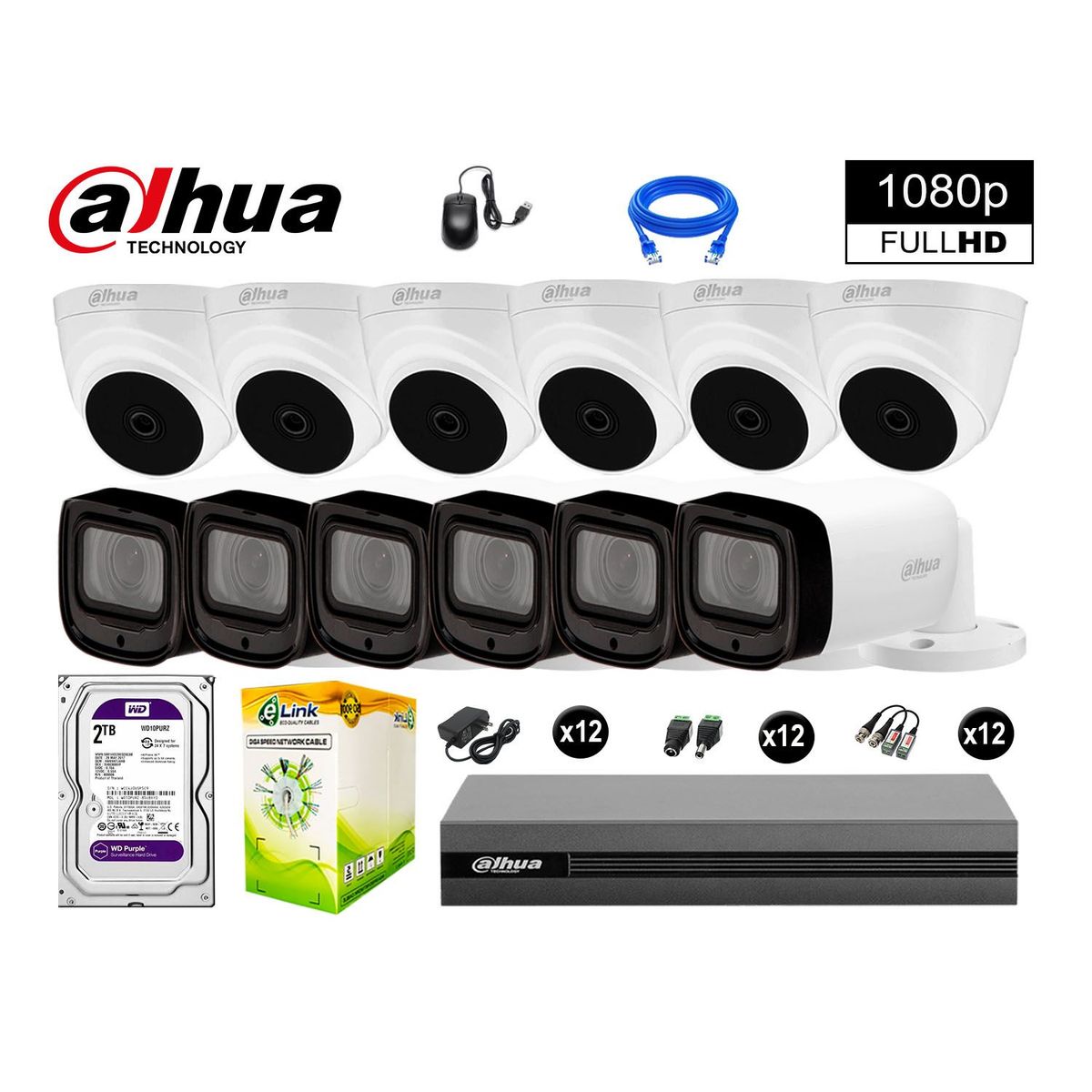 DAHUA - CÁMARAS SEGURIDAD KIT 12 1080P MAYOR ALCANCE VARIFOCAL +2TB
