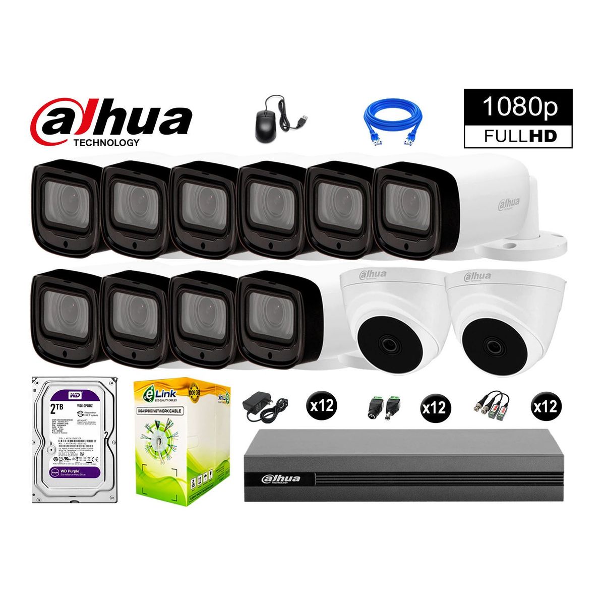 DAHUA - KIT 12 CÁMARAS SEGURIDAD FULLHD +2TB MAYOR ALCANCE VARIFOCAL
