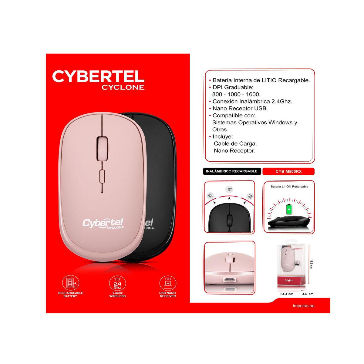CYBERTEL - Mouse Cybertel CYCLONE-CYB M500RX inalámbrico recargable color blanco