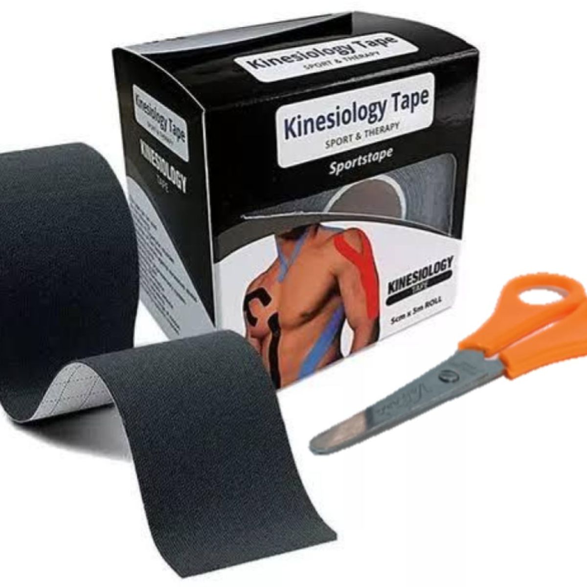GENERICO - VENDAJE CINTA TAPE KINESIOLÓGICA 5CM X 5M NEGRO MÁS TIJERA