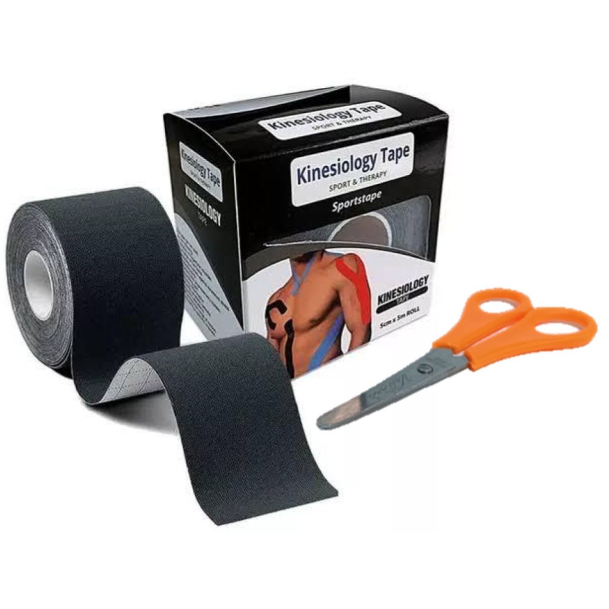 GENERICO - VENDAJE CINTA TAPE KINESIOLÓGICA 5CM X 5M NEGRO MÁS TIJERA