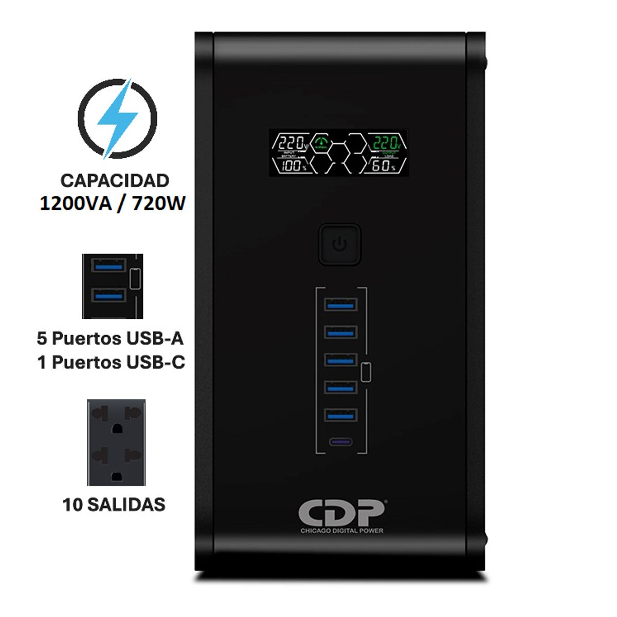 CDP - ESTABILIZADOR UPS CDP R-SMART 1210I 1200VA / 720W  220V COLOR NEGRO