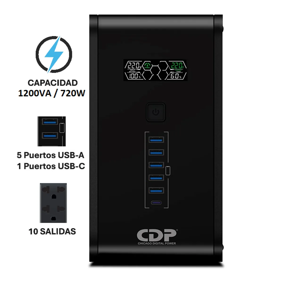 CDP - ESTABILIZADOR UPS CDP R-SMART 1210I 1200VA / 720W  220V COLOR NEGRO