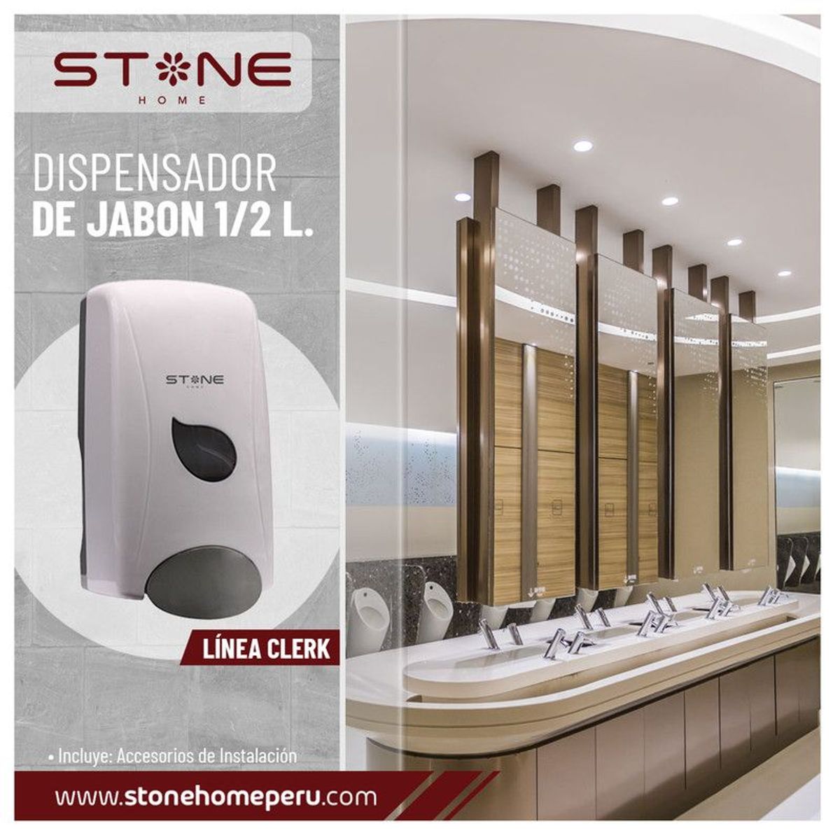 STONE - DISPENSADOR DE JABON LIQUIDO / GEL  1/2 L BLANCO  LINEA CLERK - STONE
