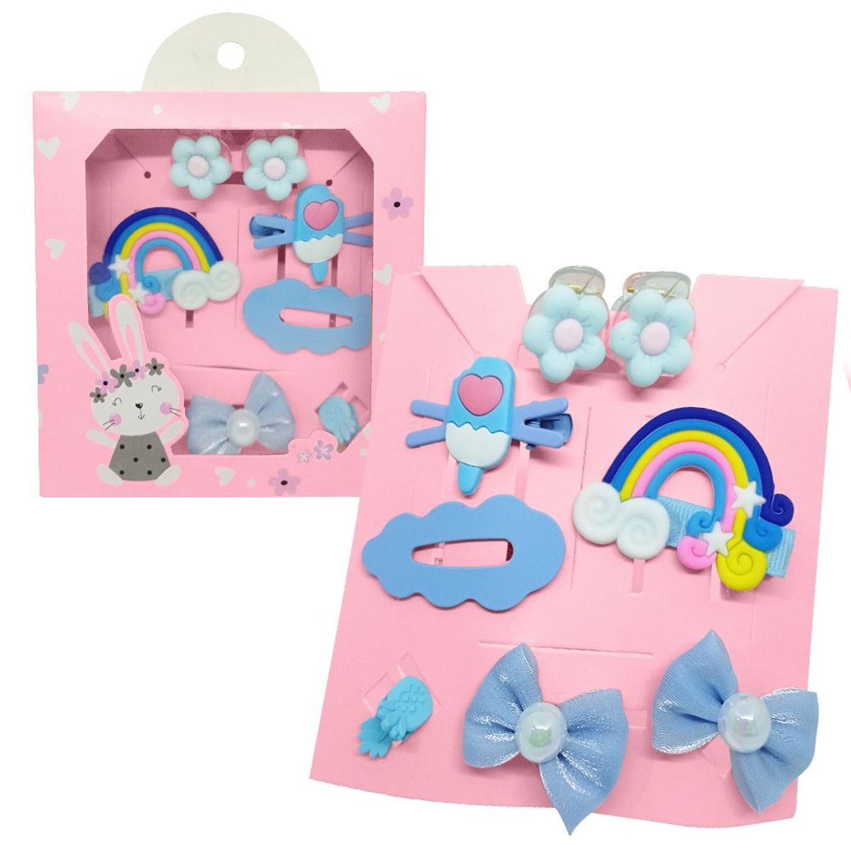 KELLER - Set de 8 Ganchitos Kawaii Niñas Accesorio Cabello S47 Celeste-Arcoiris