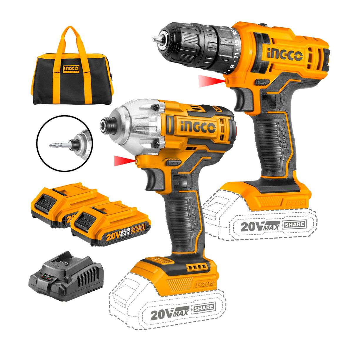 INGCO TOOLS - KIT TALADRO Y ATORNILLADOR DE IMPACTO 20V INALÁMBRICO - CKLI2016