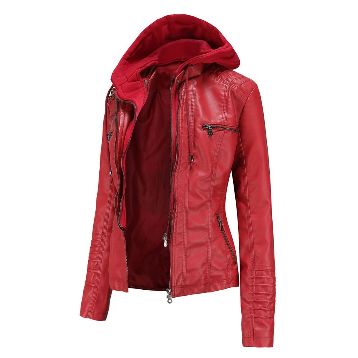 GENERICO - Chaqueta de cuero PU sintética con capucha para mujer-Rojo