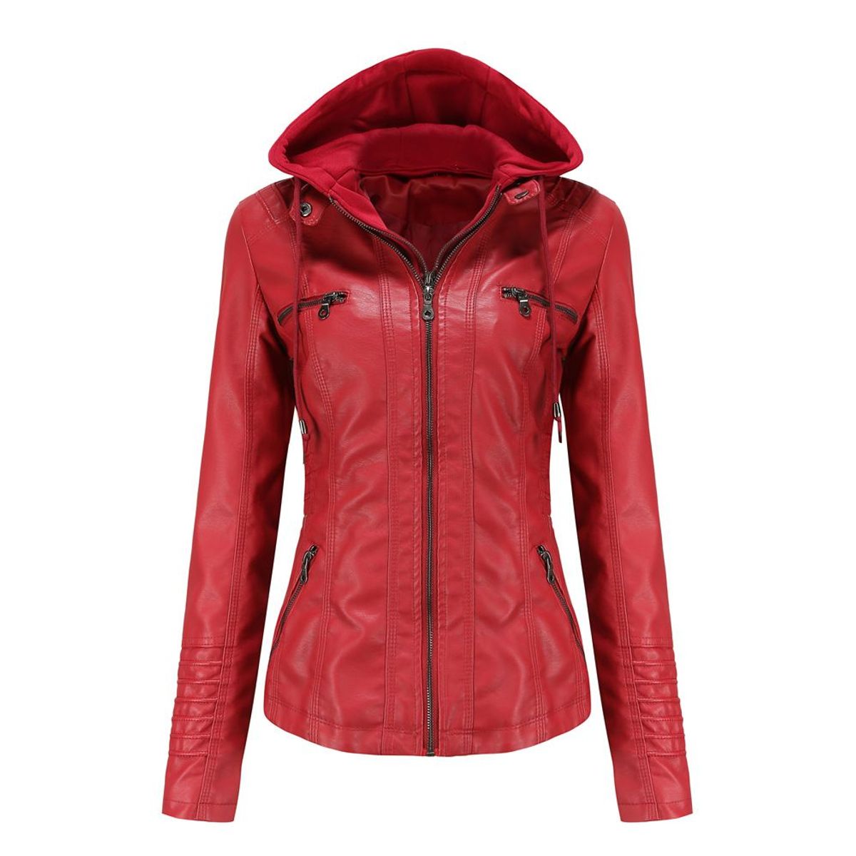 GENERICO - Chaqueta de cuero PU sintética con capucha para mujer-Rojo