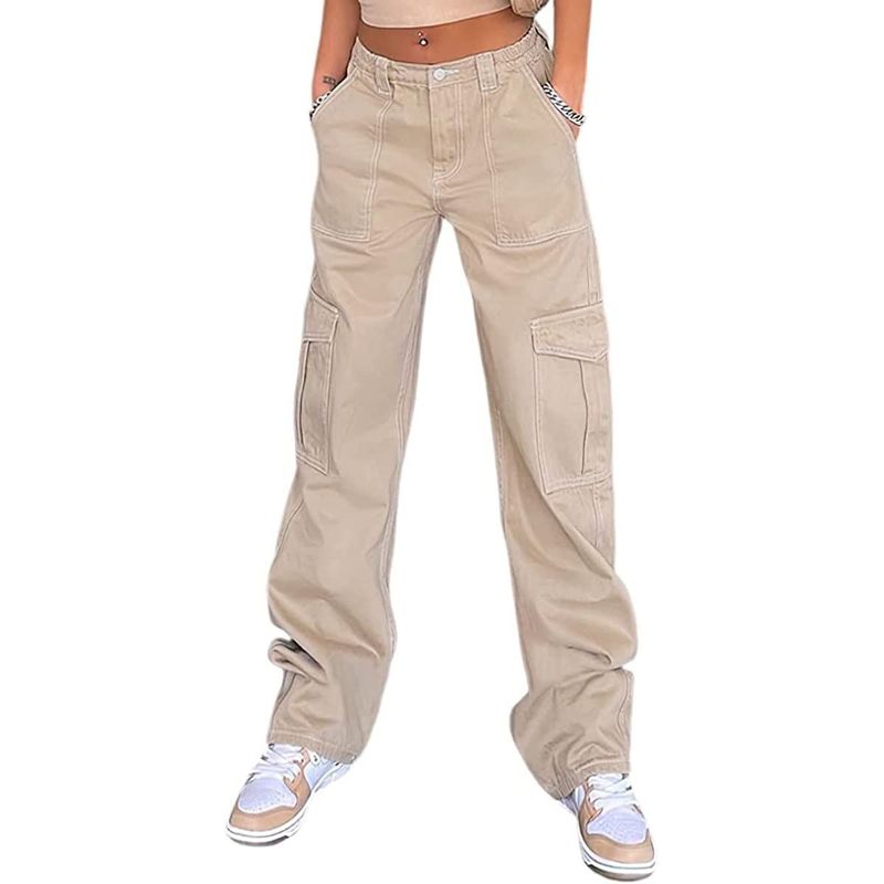 BLWOENS - Pantalones cargo elásticos de cintura alta para mujer - Khaki