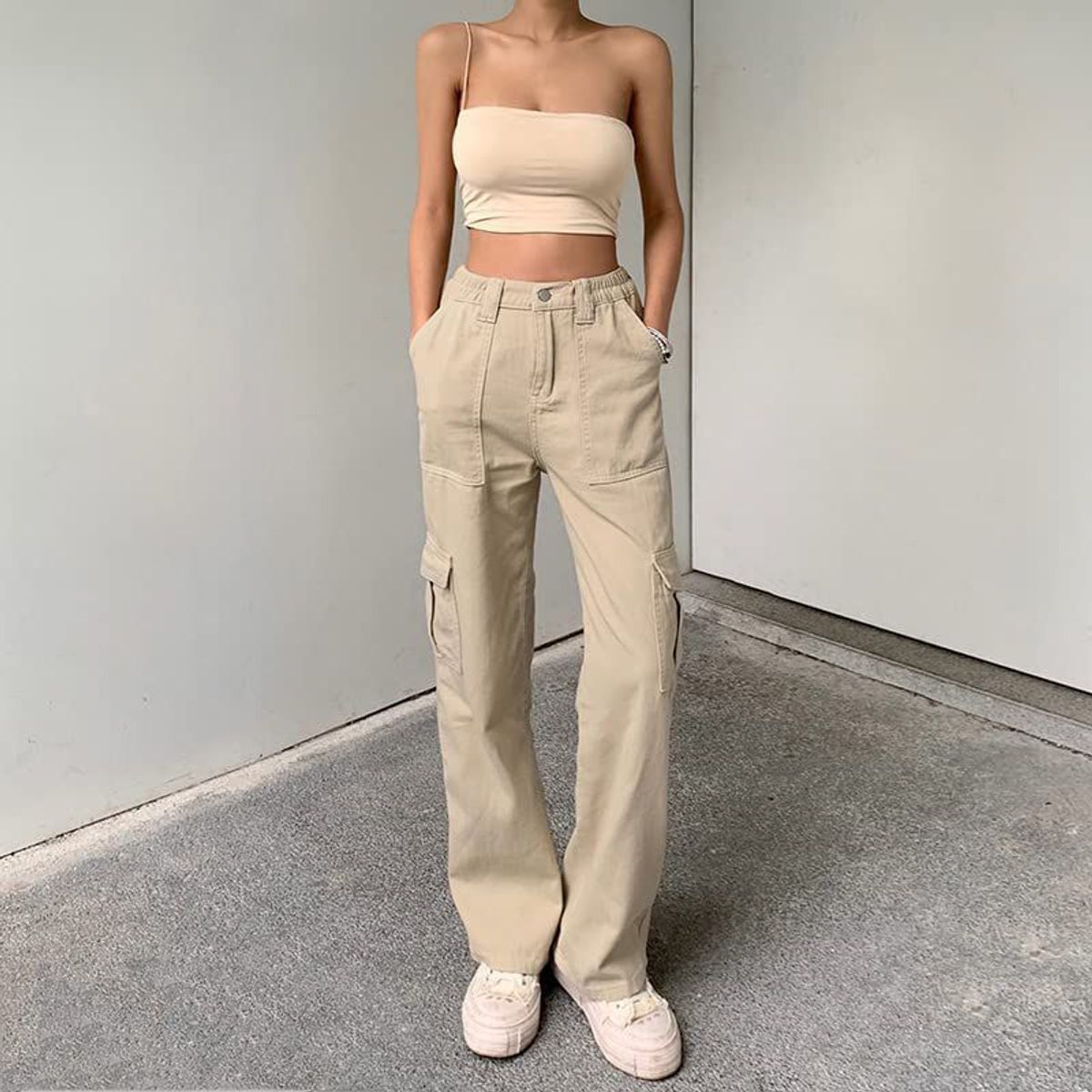 BLWOENS - Pantalones cargo elásticos de cintura alta para mujer - Khaki