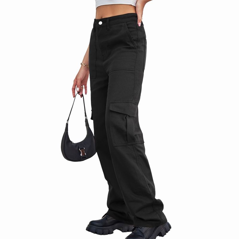 BLWOENS - Pantalones cargo elásticos de cintura alta para mujer - Negro