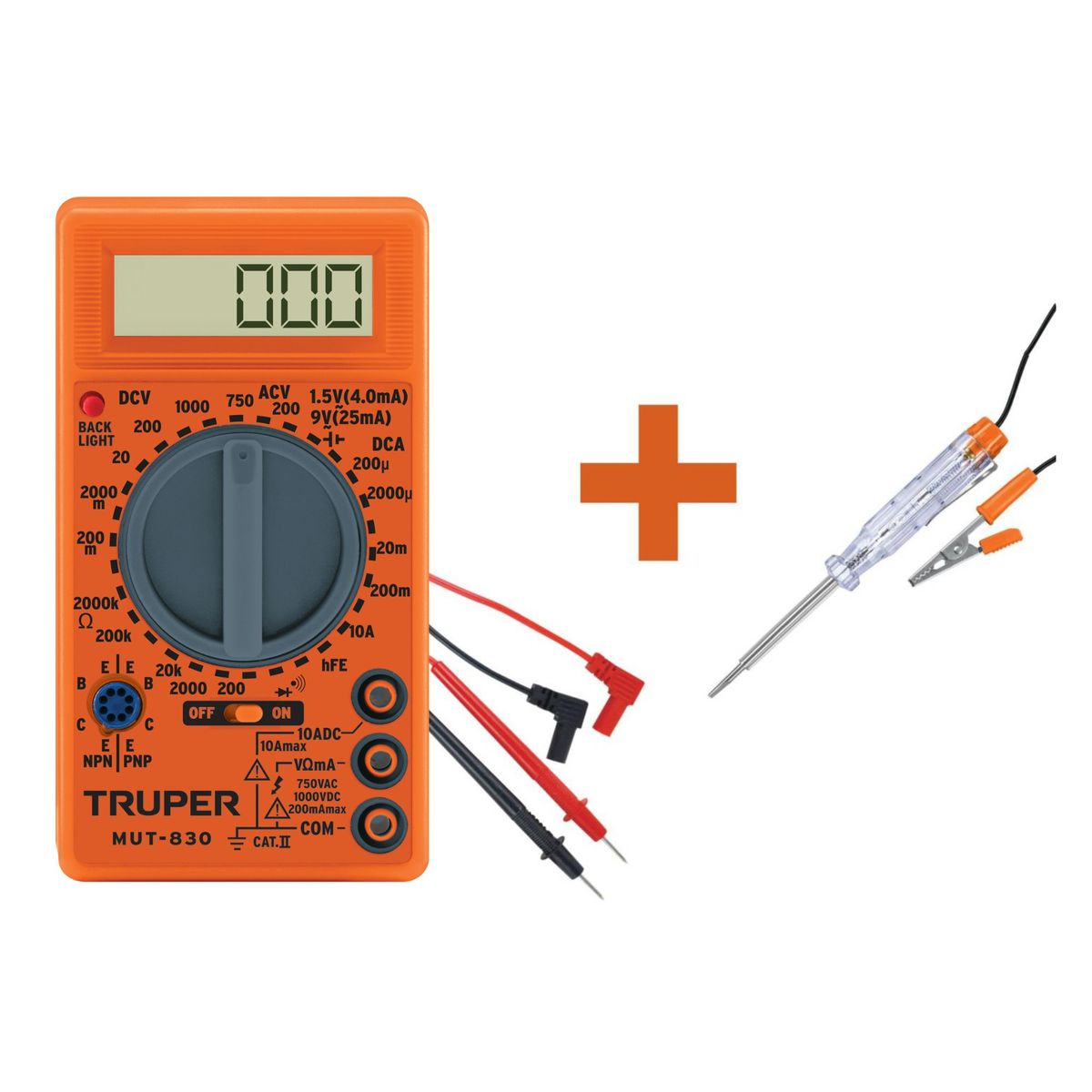TRUPER - Multímetro digital +Probador de corriente circuitos 6 -12V, Truper