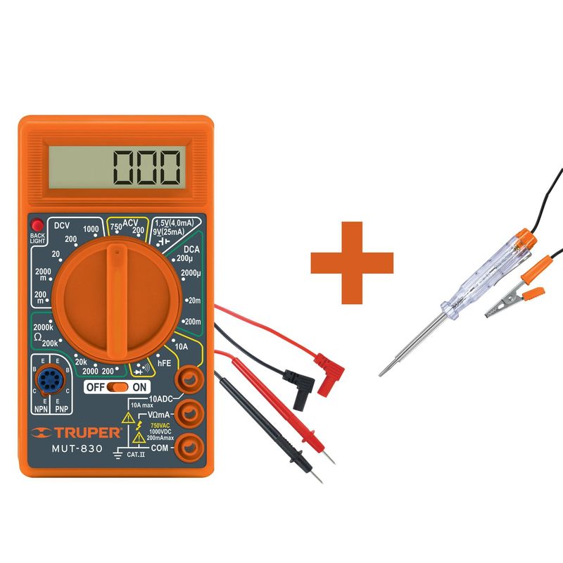 TRUPER - Multímetro digital +Probador de corriente circuitos 6 -12V, Truper