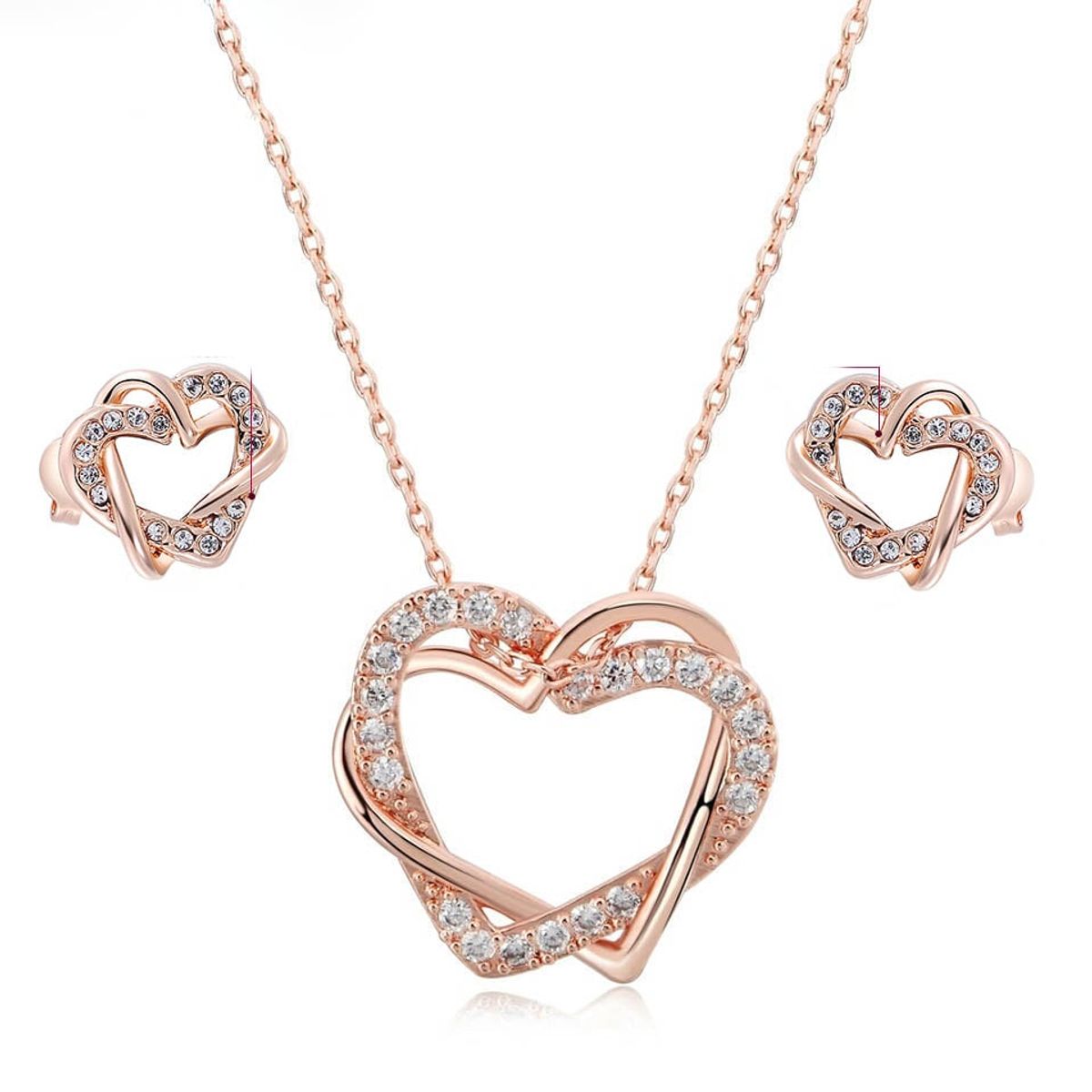 LA TIENDA 88 JOYAS Y ACCESORIOS - La Tienda 88 - Set Collar y Arete Mujer Corazón Entrelazado Amor -Rosa