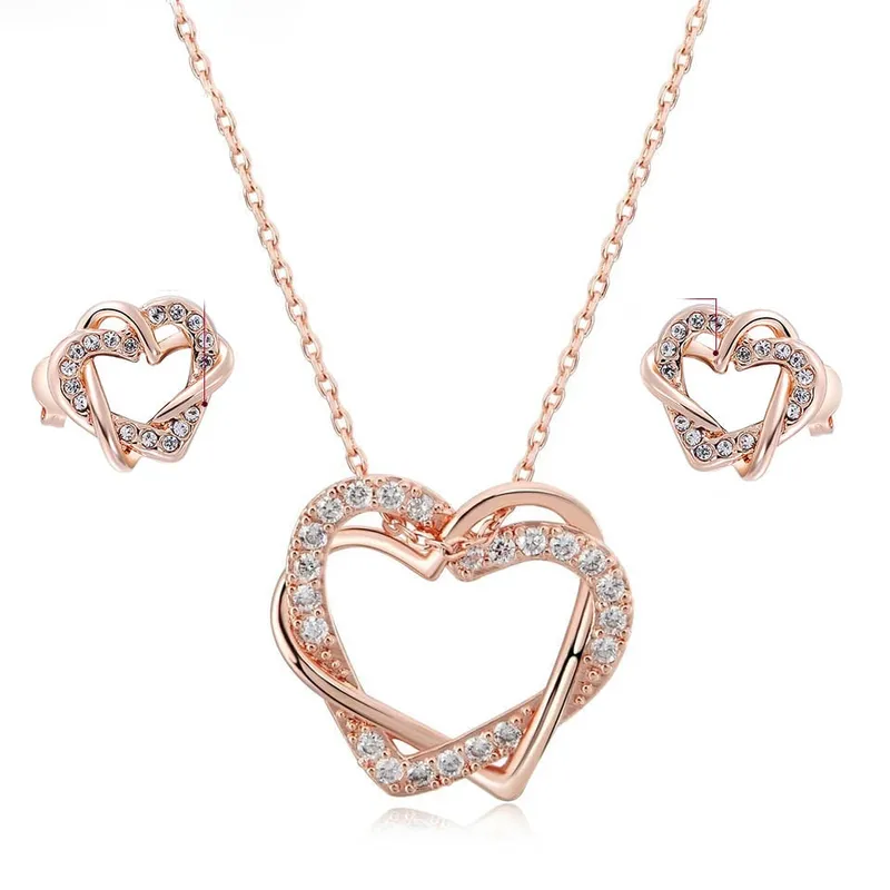 LA TIENDA 88 JOYAS Y ACCESORIOS - La Tienda 88 - Set Collar y Arete Mujer Corazón Entrelazado Amor -Rosa