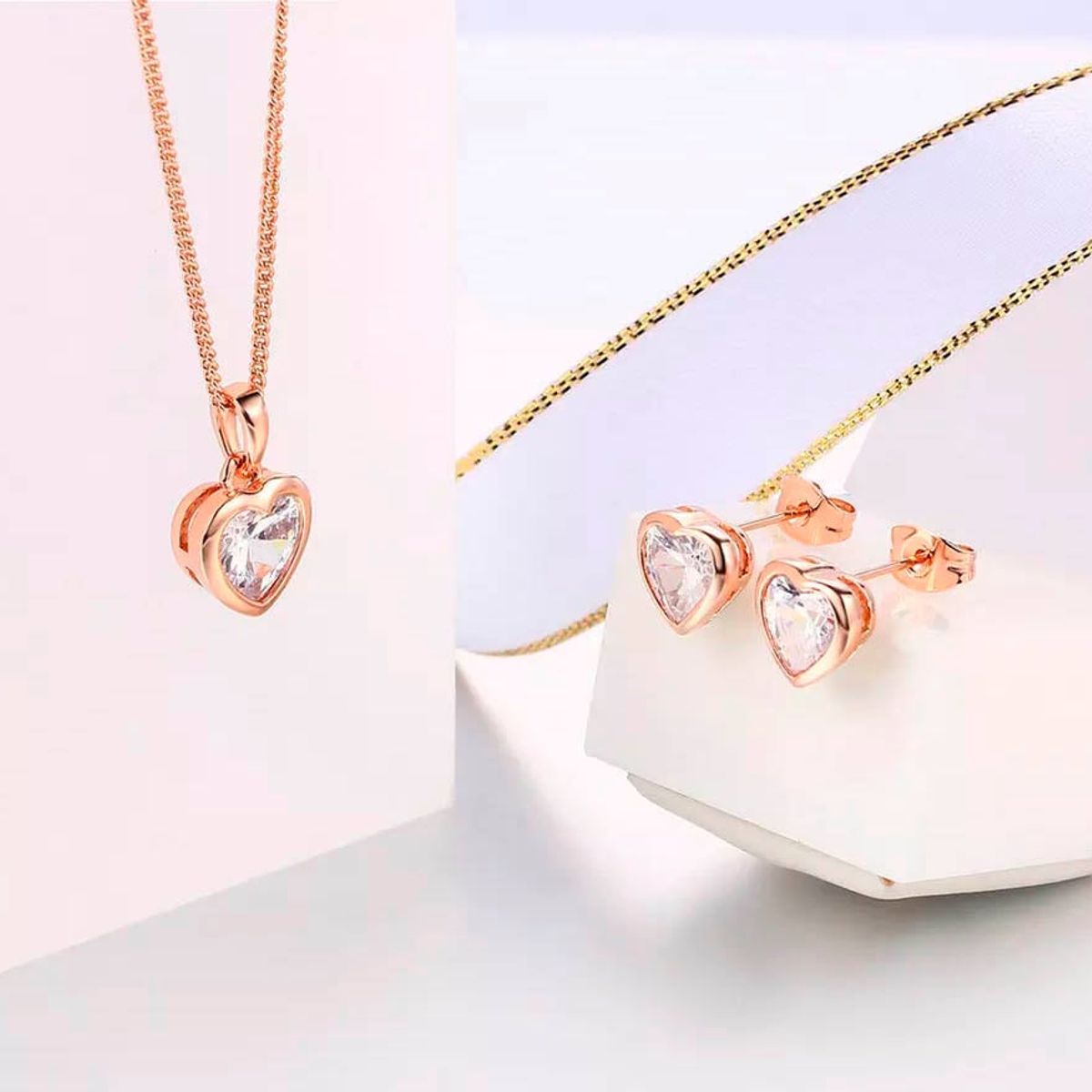 LA TIENDA 88 JOYAS Y ACCESORIOS - La Tienda 88 - Set Collar y Aretes Mujer Corazón Amor - Rosa