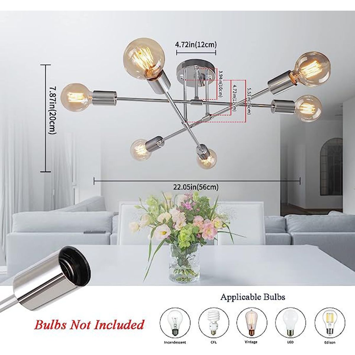 GENERICO - Lámpara colgante modelo araña color plateado - Incluye 6 focos