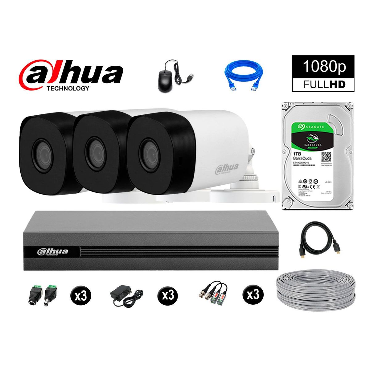 DAHUA - CÁMARAS DE SEGURIDAD EXTERIOR KIT 3 FULL HD 1080P + DISCO 1TB